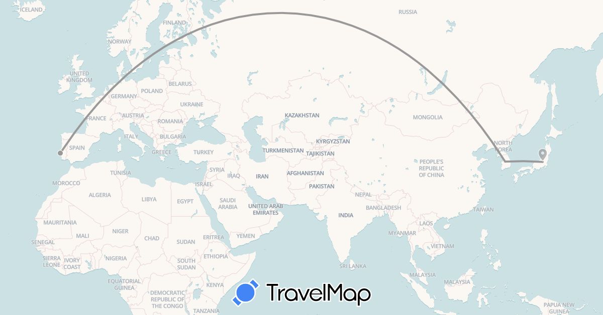 TravelMap itinerary: driving, plane in Japan, South Korea, Portugal (Asia, Europe)
